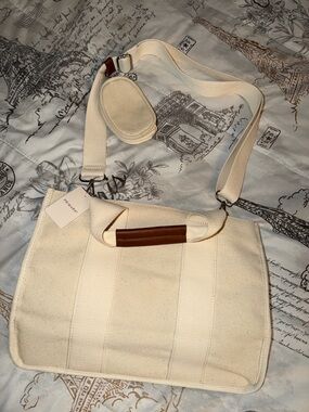 Primark Cream Canvas Crossbody Tote Bag with Brown Trim